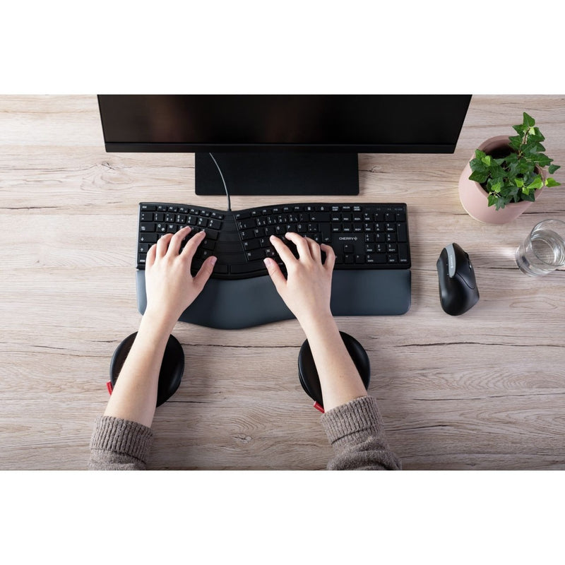 Aerial view showing dual Slidepad Ergo setup with ergonomic keyboard