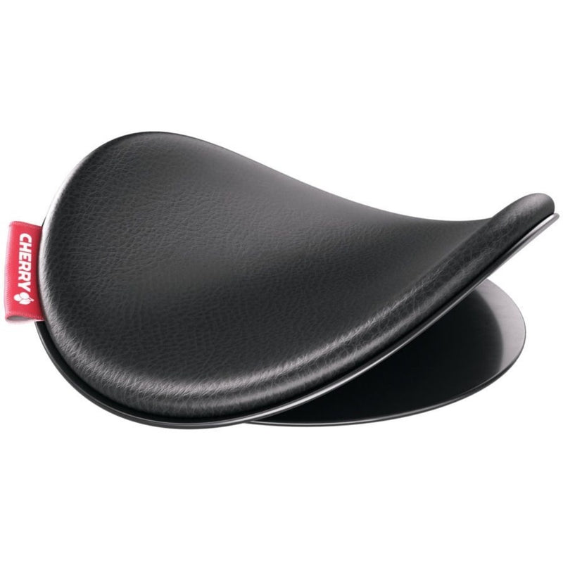 CHERRY Slidepad Ergo armrest showing curved ergonomic design with black leather finish and red brand tag