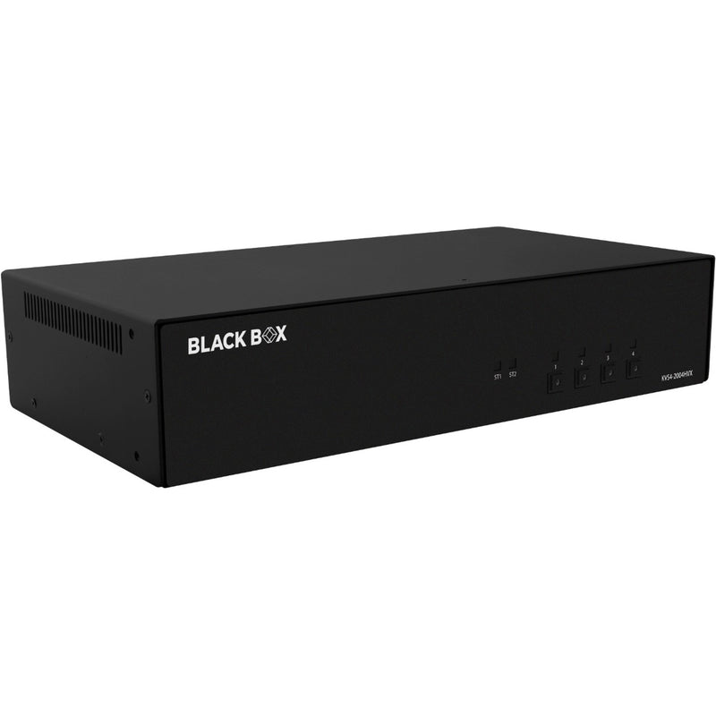 Side view of Black Box KVS4-2004HVX Secure KVM Switch showing sleek black enclosure and front panel controls