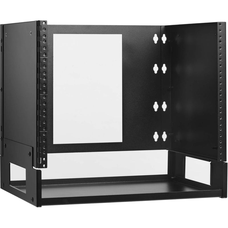 Front view of 8U wall-mount network equipment bracket with integrated shelf and mounting points