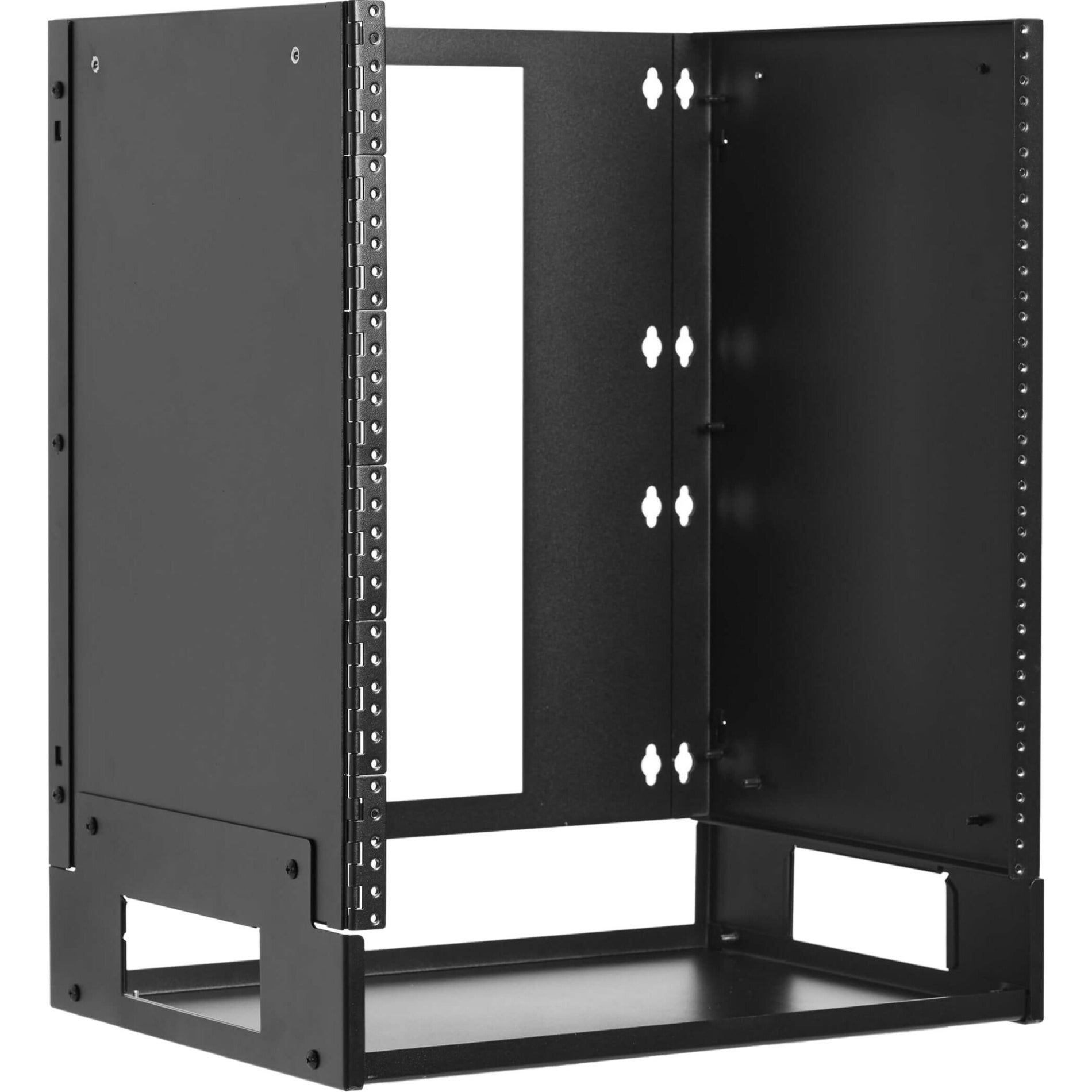 12U wall-mount network rack bracket shown with hinged access panel open, displaying mounting points and internal structure-alternate-image1