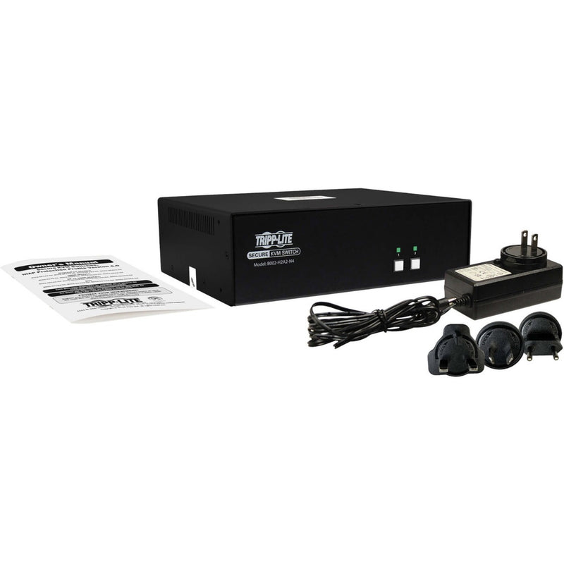 Complete package contents of Tripp Lite Secure KVM Switch including power supply, adapters and manual