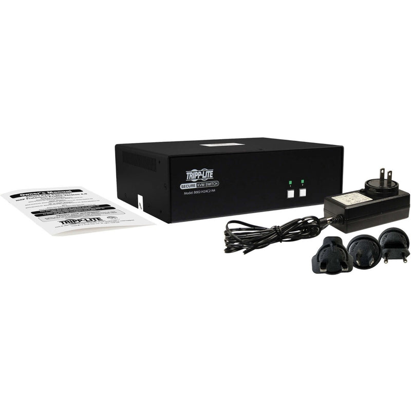 Complete package contents of Tripp Lite secure KVM switch including unit, power supply, adapters and documentation