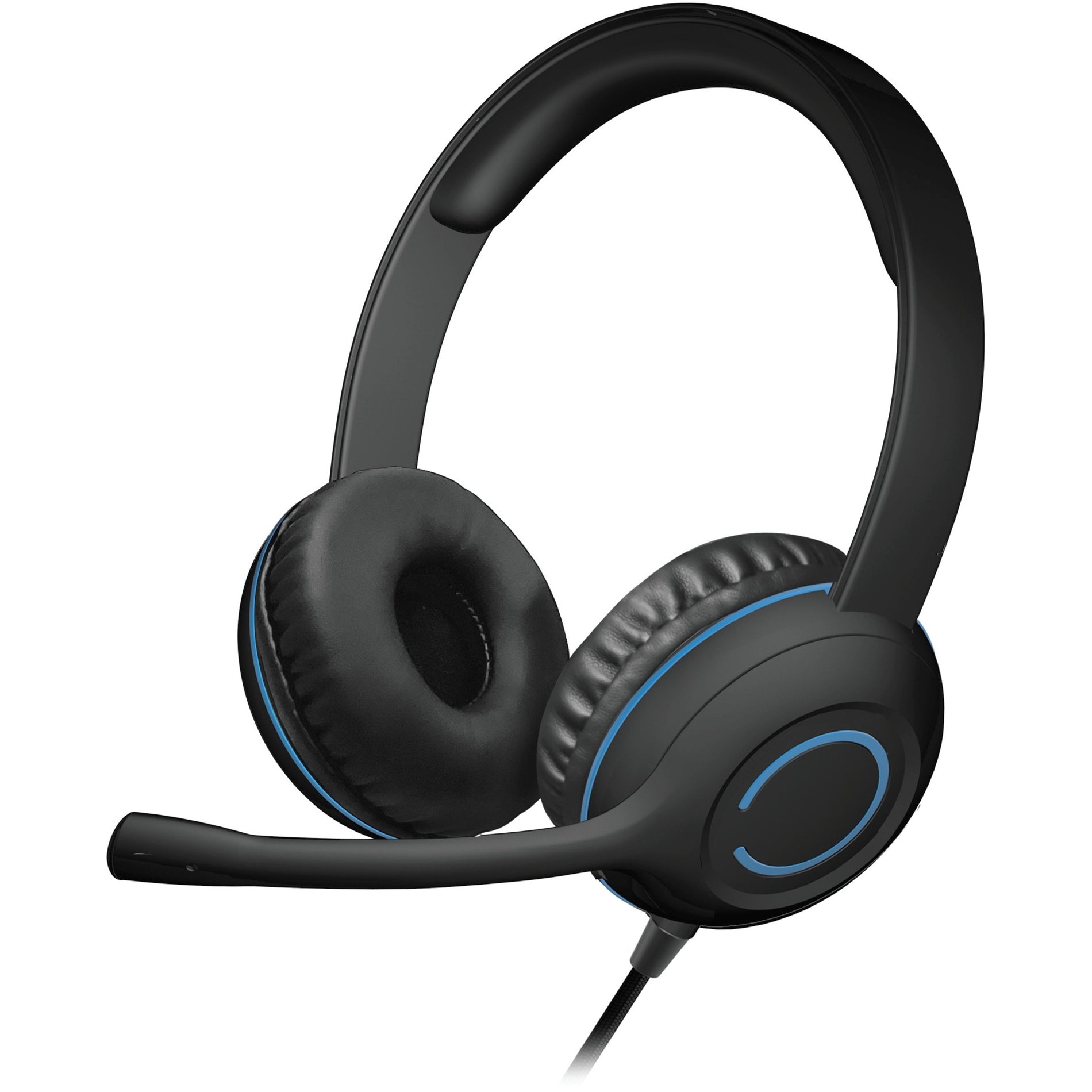 Close-up of headset showing microphone and ear cup design with blue accent trim-alternate-image3