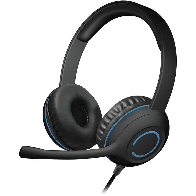 Close-up of headset showing microphone and ear cup design with blue accent trim