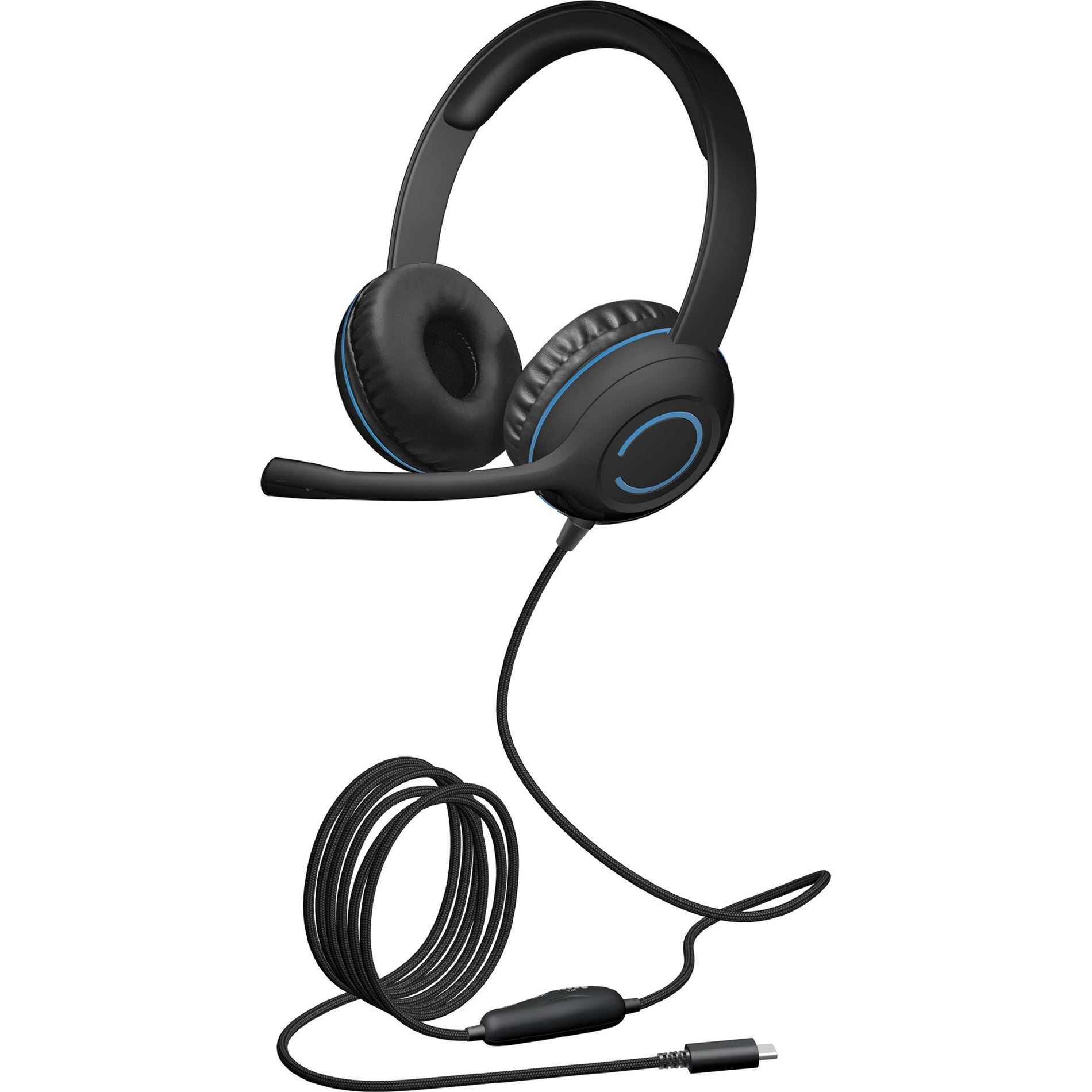 Black USB-C headset with blue accent rings, padded ear cups, and braided cable-alternate-image1