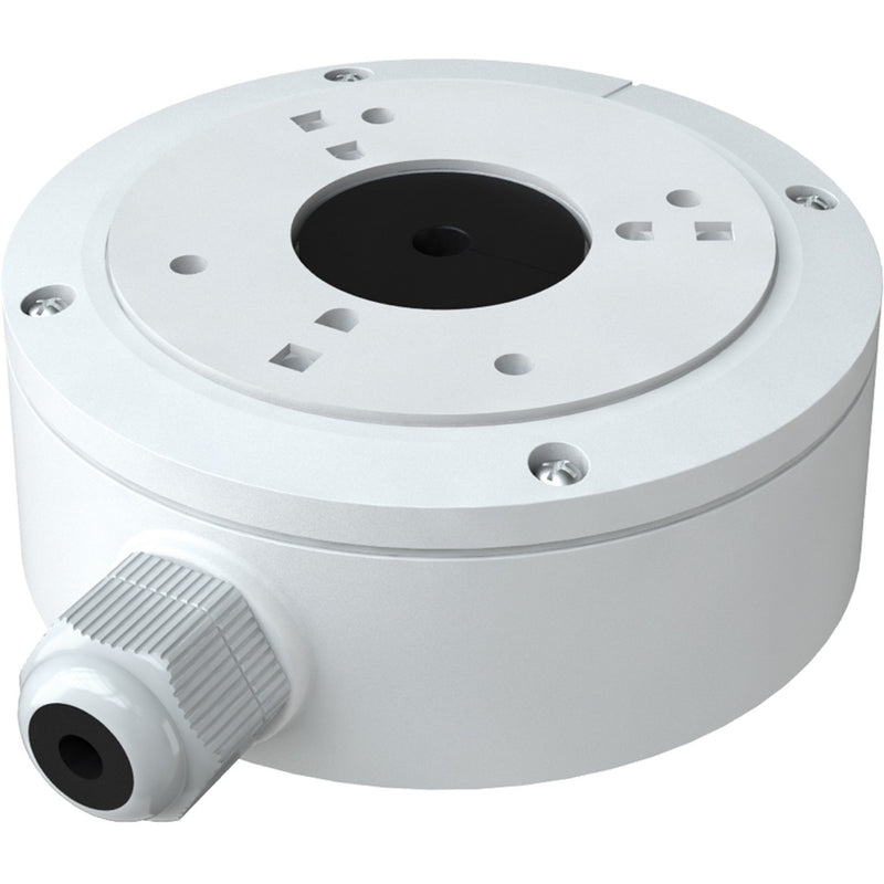 White cylindrical security camera junction box with conduit entry point and multiple mounting holes