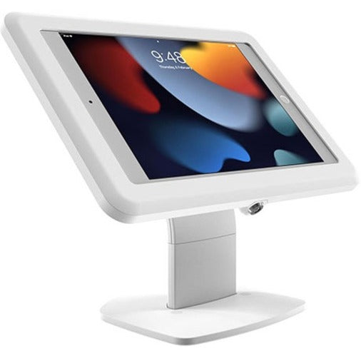 White Bosstab lockable iPad stand with adjustable tilt feature displaying a tablet device on a sleek pedestal base