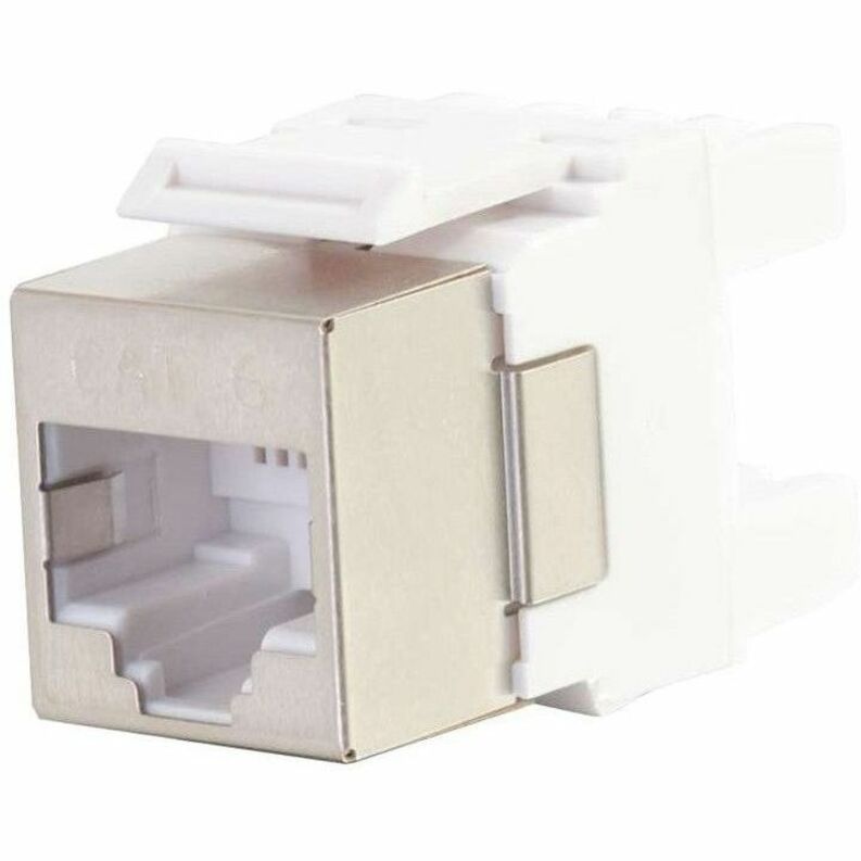 Side view of silver shielded Cat6 keystone jack showing 180-degree angle design