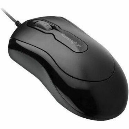 Side view of black Kensington wired mouse showing ergonomic design and scroll wheel