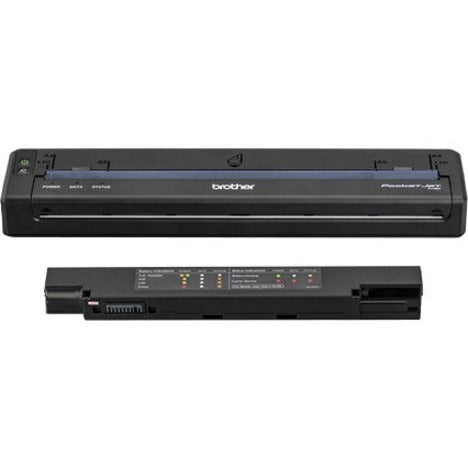 Brother PocketJet 8 portable printer shown with detachable battery component in black finish-alternate-image1