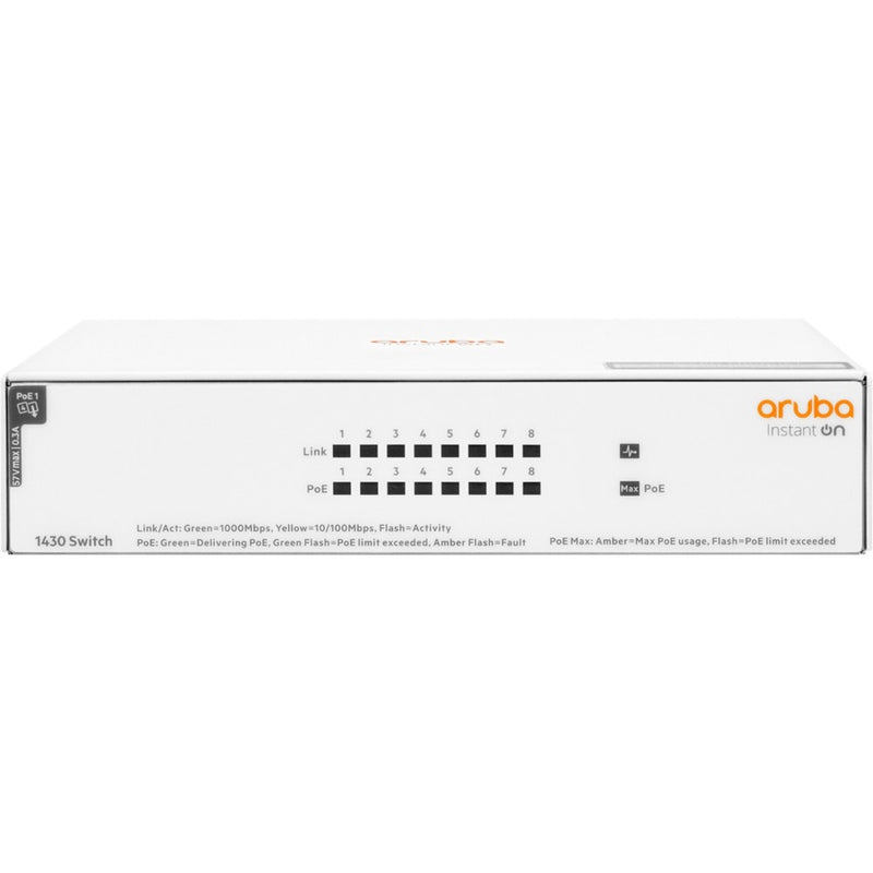 Front view of Aruba Instant On 1430 8G PoE switch showing LED status indicators for 8 ports