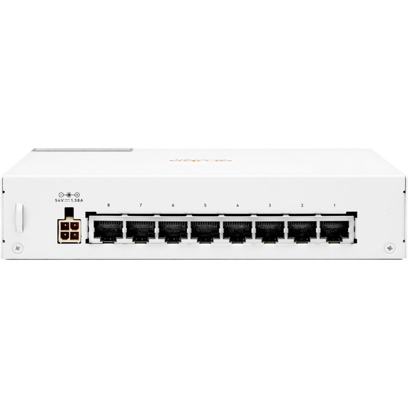 Rear view of Aruba Instant On 1430 8G PoE switch showing 8 Ethernet ports and power input