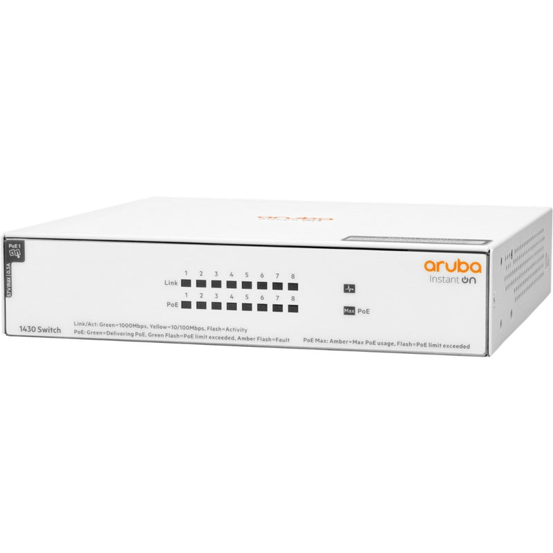 Angled view of Aruba Instant On 1430 8G PoE switch showing compact design and branding