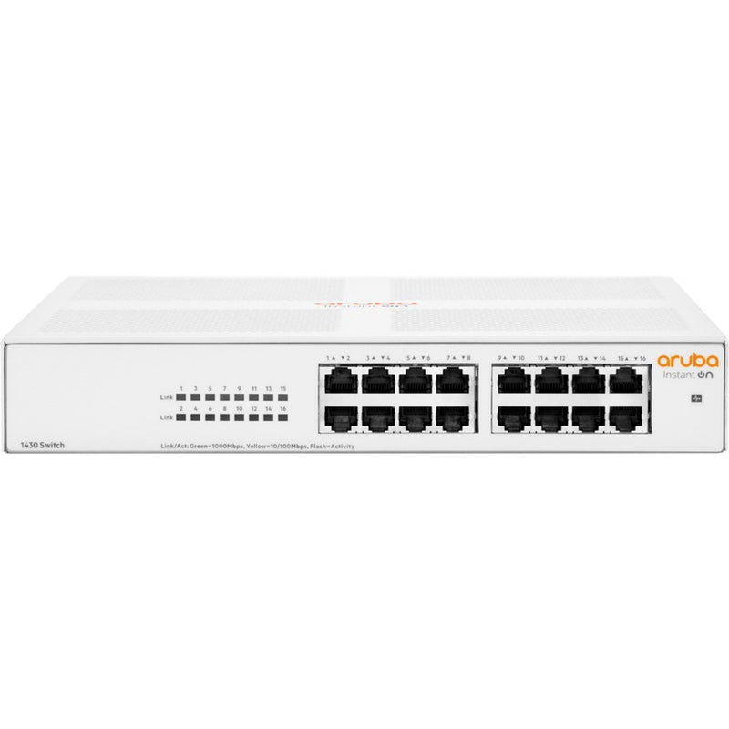 Front view of Aruba Instant On 1430 16G network switch showing 16 Gigabit Ethernet ports and LED status indicators