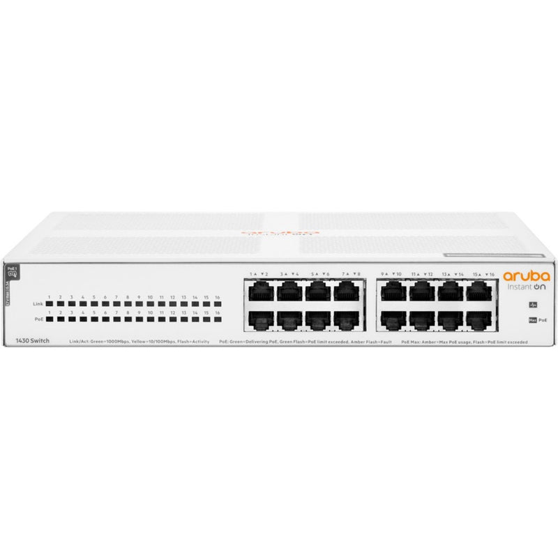 Front view of Aruba Instant On 1430 16G PoE switch showing 16 Gigabit Ethernet ports with LED indicators