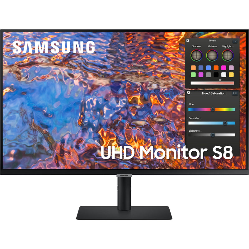 Samsung ViewFinity S8 UHD monitor displaying vibrant color gradients with professional color adjustment controls interface