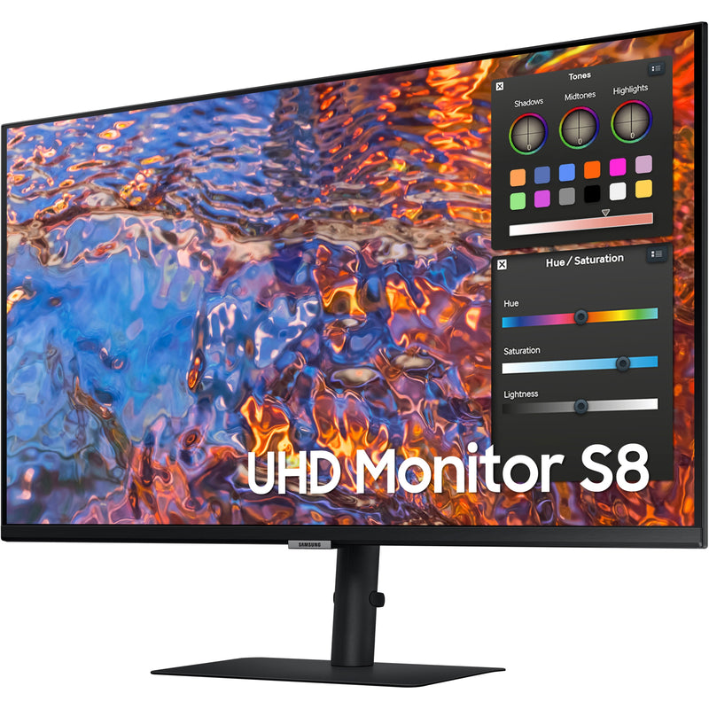 Side view of Samsung ViewFinity S8 UHD monitor with height-adjustable stand and professional color management interface