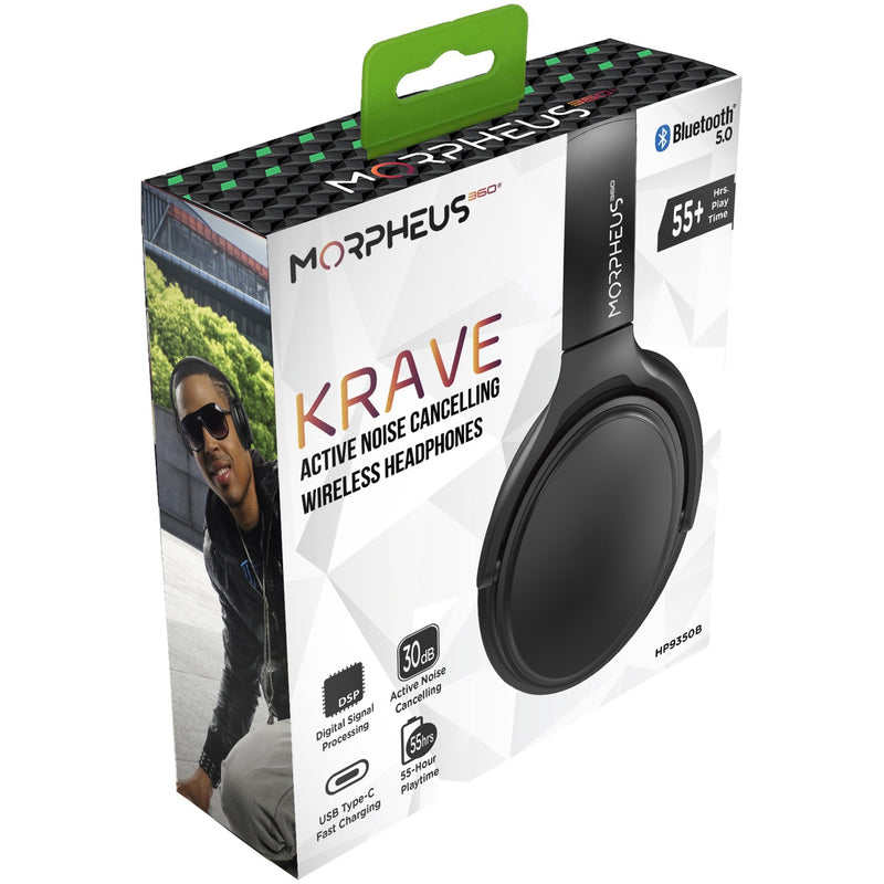 Retail packaging of Morpheus KRAVE headphones showing product features and specifications