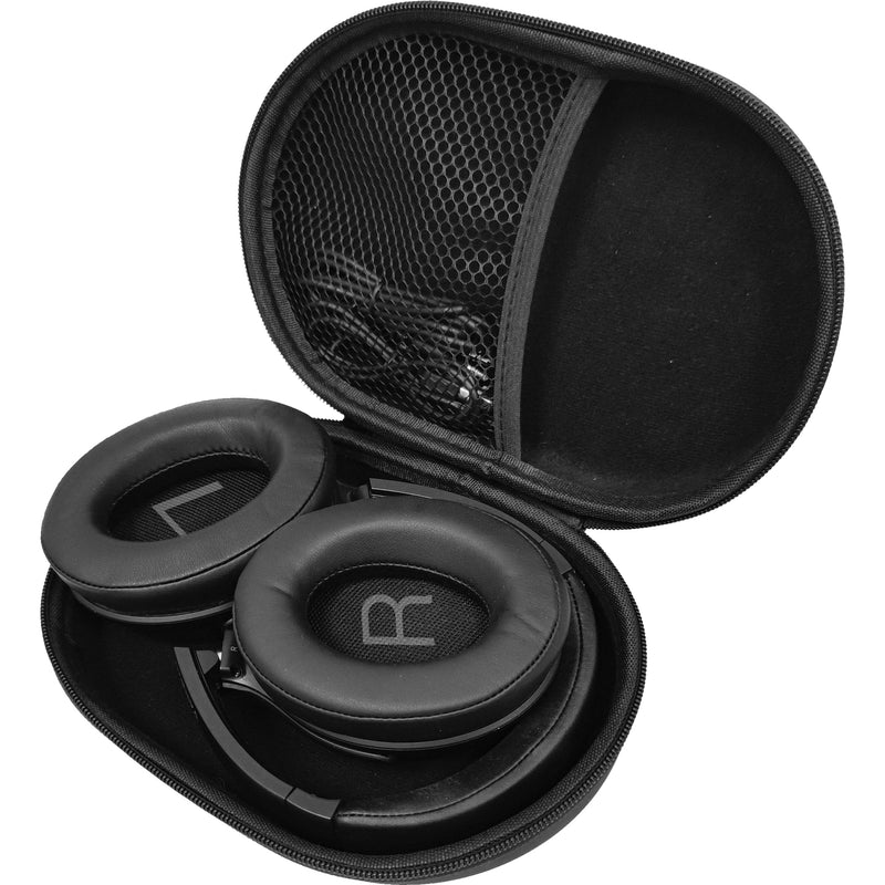 Hard-shell carrying case with Morpheus KRAVE headphones folded inside