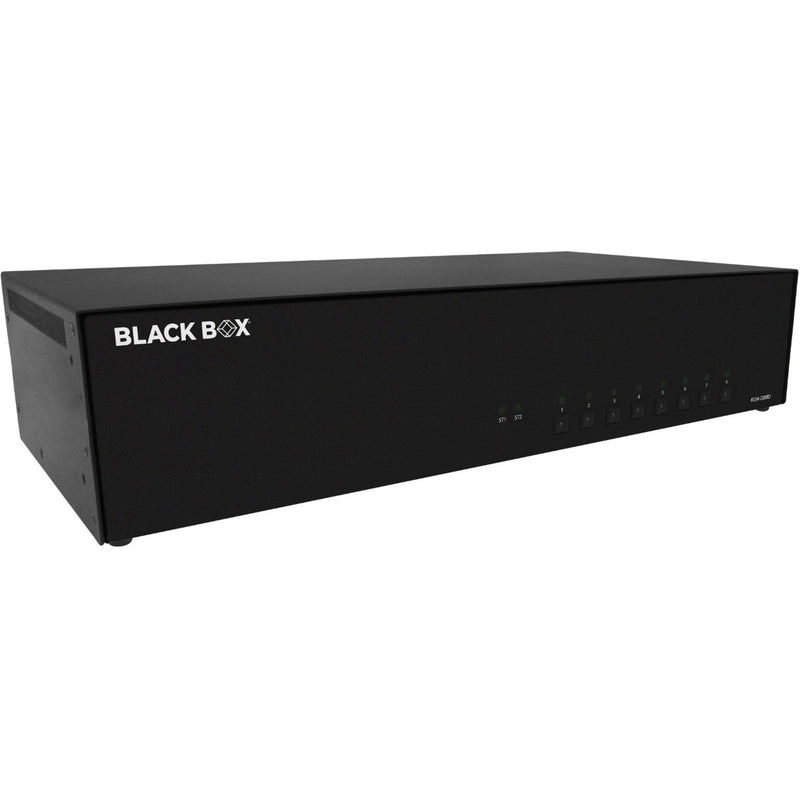 Front angled view of Black Box KVS4-2008D Secure KVM Switch showing sleek black chassis and LED indicators