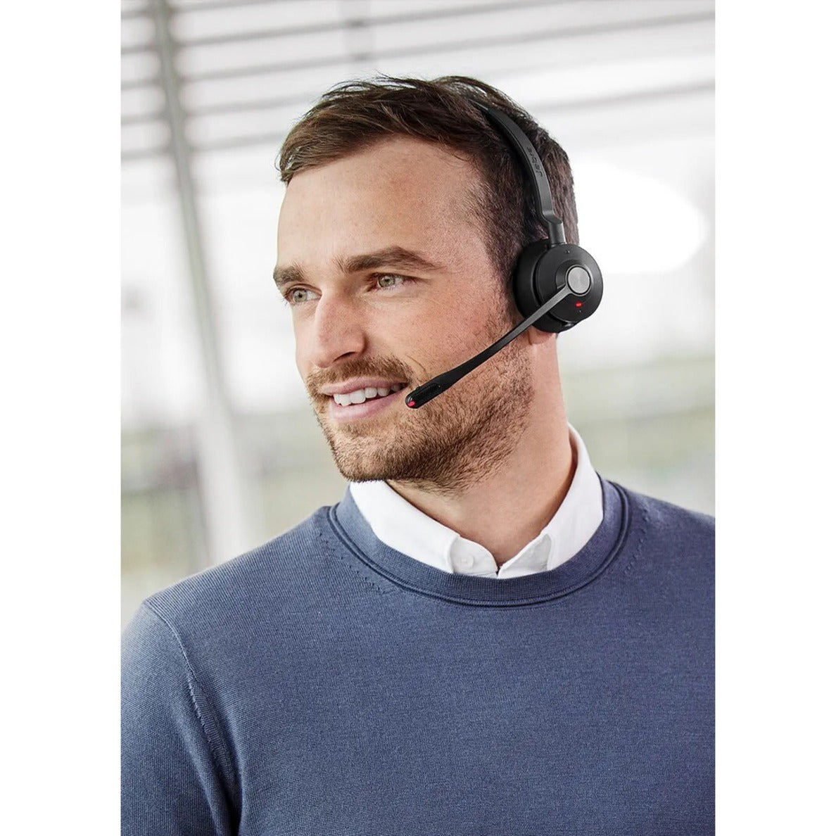 Close-up portrait of person wearing Jabra Engage 55 headset showing professional appearance-alternate-image8