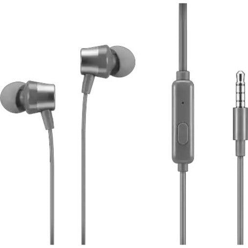 Close-up view of Lenovo 110 earbuds showing metallic finish, inline controls, and 3.5mm connector detail