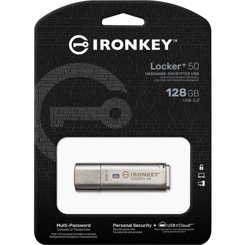 IronKey Locker+ 50 retail packaging showing security features and cloud backup integration