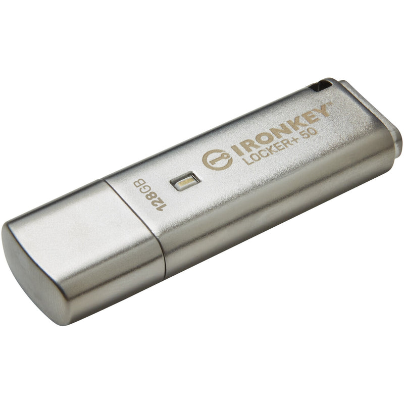 IronKey Locker+ 50 USB flash drive showing silver metal casing with LED indicator and branding