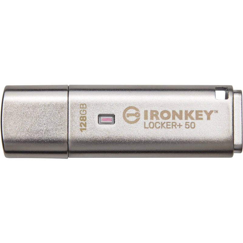 Close-up of IronKey Locker+ 50 showing LED status indicator and capacity marking