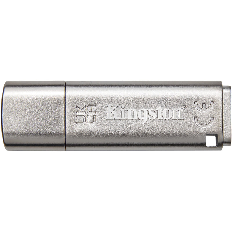 Close-up of Kingston branding on IronKey Locker+ 50 USB drive