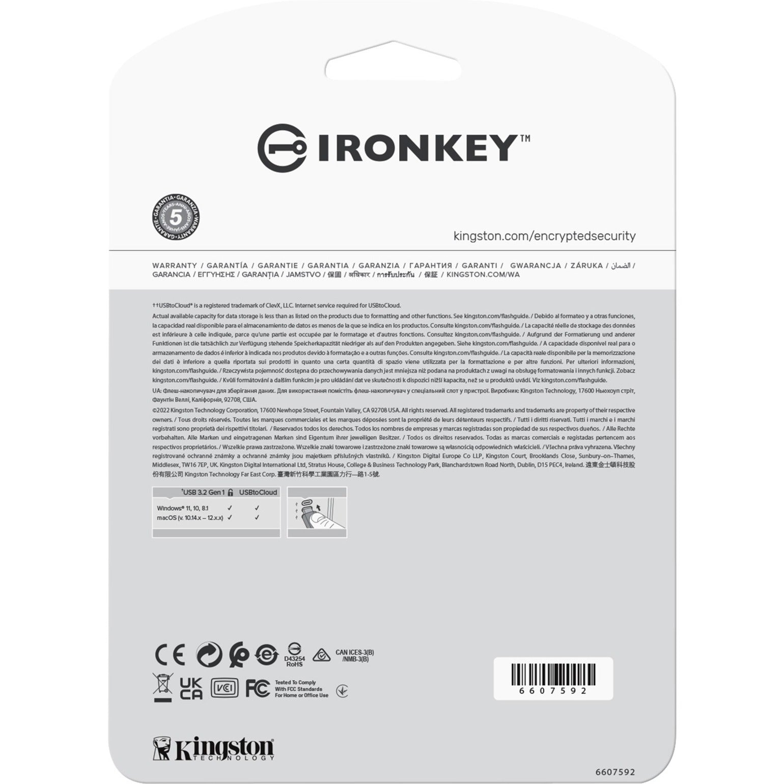 Back of IronKey Locker+ 50 packaging showing certification marks and warranty information-alternate-image7