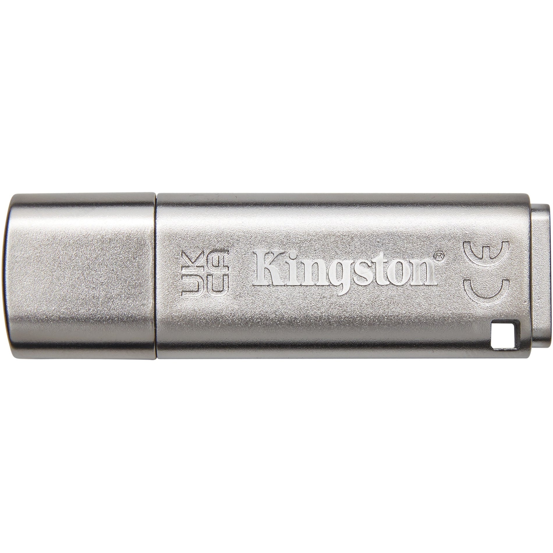 Close-up of Kingston branding on IronKey Locker+ 50 USB drive showing quality construction-alternate-image3