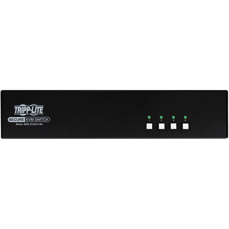 Direct front view of Tripp Lite Secure KVM Switch control panel with four port selection buttons and status LEDs