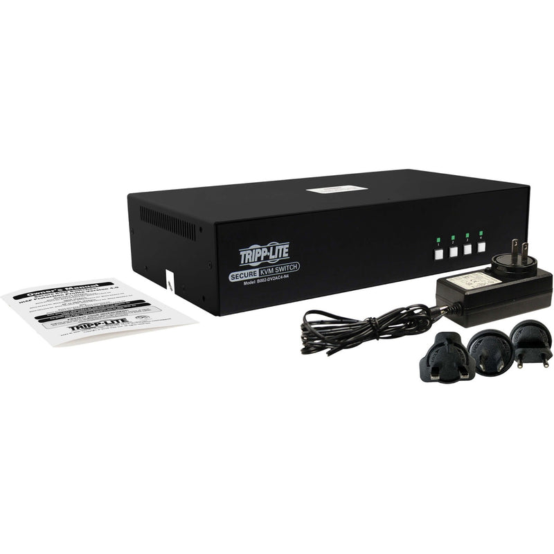 Complete package contents of Tripp Lite Secure KVM Switch including power adapters and documentation