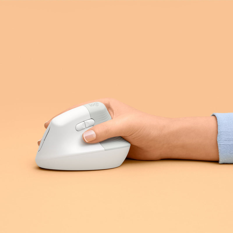 Side view of hand using Logitech Lift vertical mouse showing ergonomic grip