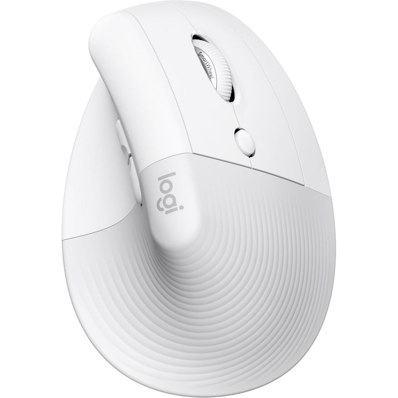 Off-white Logitech Lift vertical ergonomic mouse showing sleek design and textured grip pattern