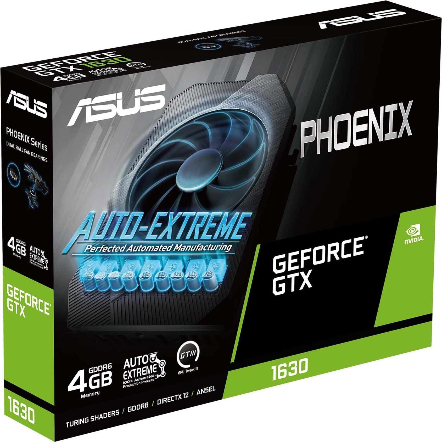 Asus PH-GTX1630-4G Phoenix GeForce GTX 1630 Graphic Card, 4 GB GDDR6, DVI, HDMI, DisplayPort, PCI Express 3.0, 300W Power Supply