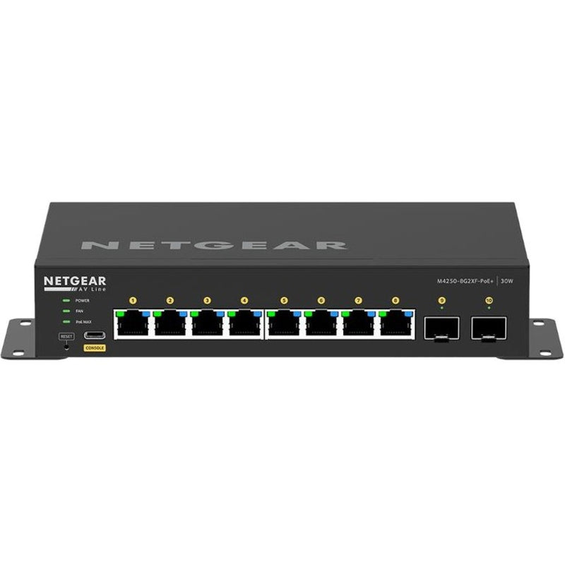 Front view of NETGEAR M4250 8-port PoE+ switch with LED indicators