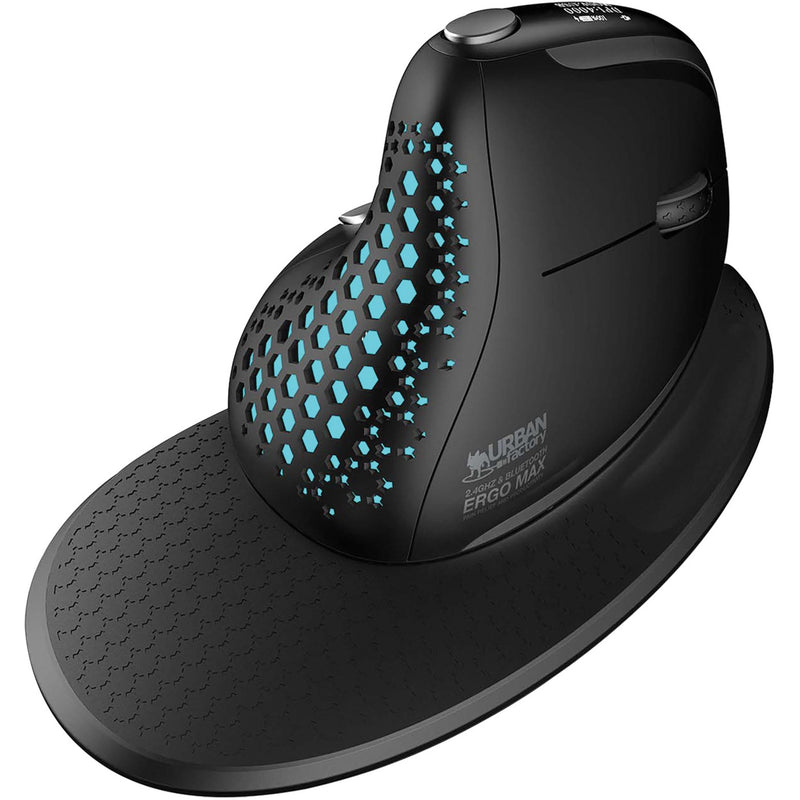 Aerial view of ERGO MAX mouse showing honeycomb ventilation pattern with blue LED illumination