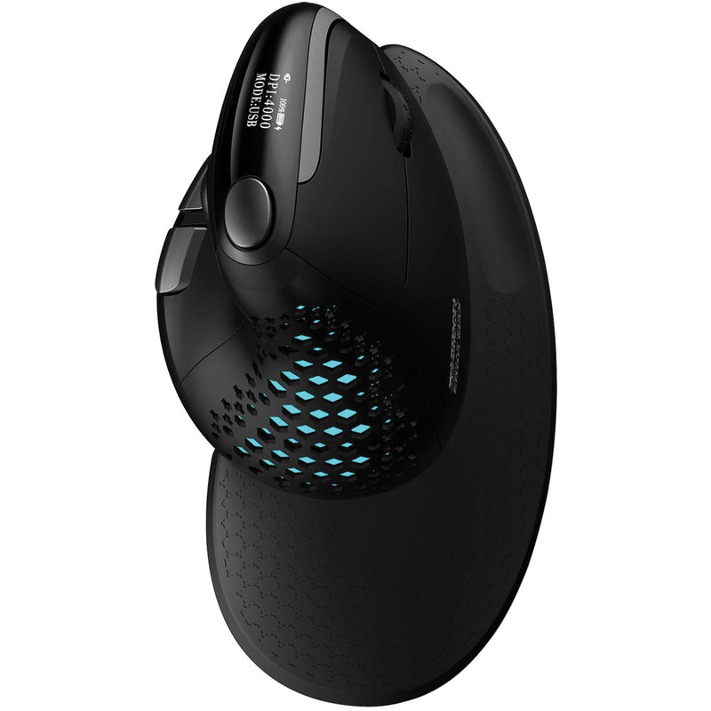 Urban Factory ERGO MAX vertical ergonomic mouse with blue LED accents and honeycomb ventilation pattern, side view