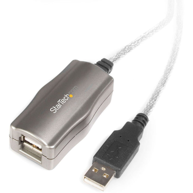 StarTech.com USB 2.0 active extension cable showing signal booster housing and male USB connector