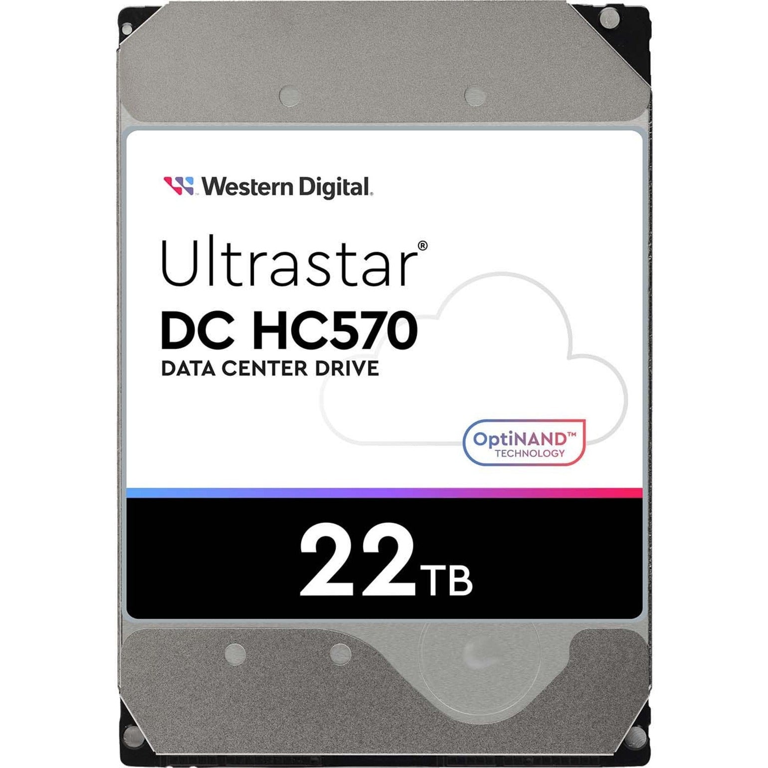 Front view of Western Digital Ultrastar DC HC570 22TB enterprise hard drive with OptiNAND technology branding-alternate-image1