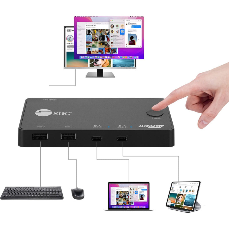 Connection diagram showing KVM switch setup with multiple devices and peripherals