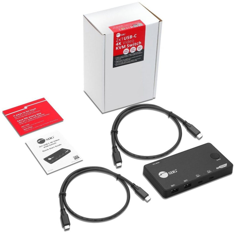 SIIG KVM switch package contents including switch unit, USB-C cables, and documentation