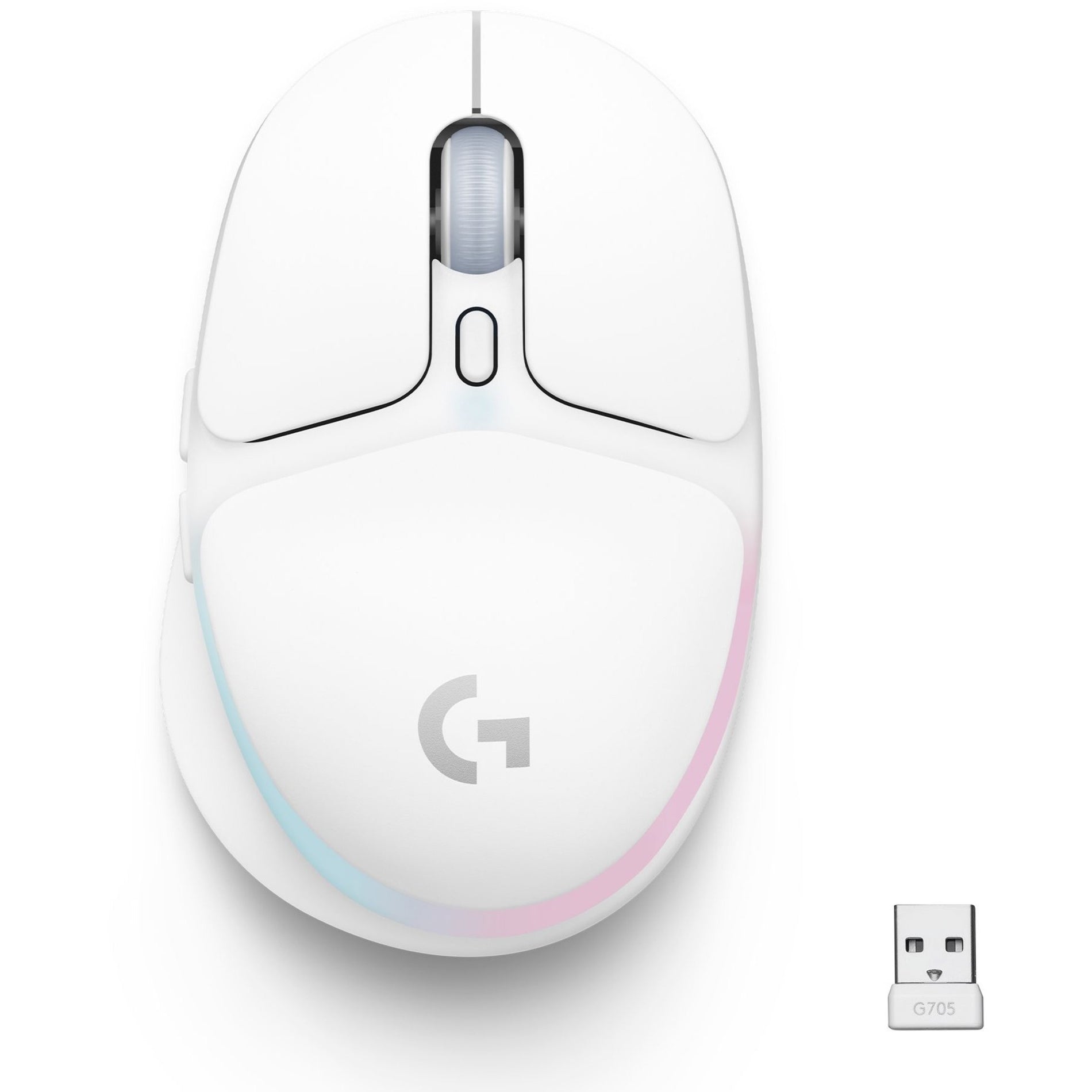 Logitech G705 wireless gaming mouse in white with RGB lighting and wireless receiver-alternate-image1