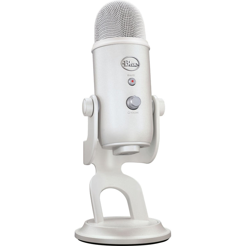 Front view of White Mist Blue Yeti USB microphone with desktop stand