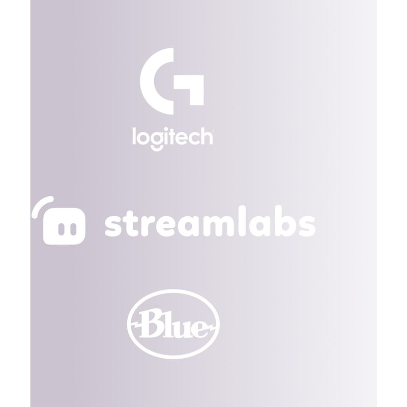 Logitech, Streamlabs, and Blue logos on gradient background