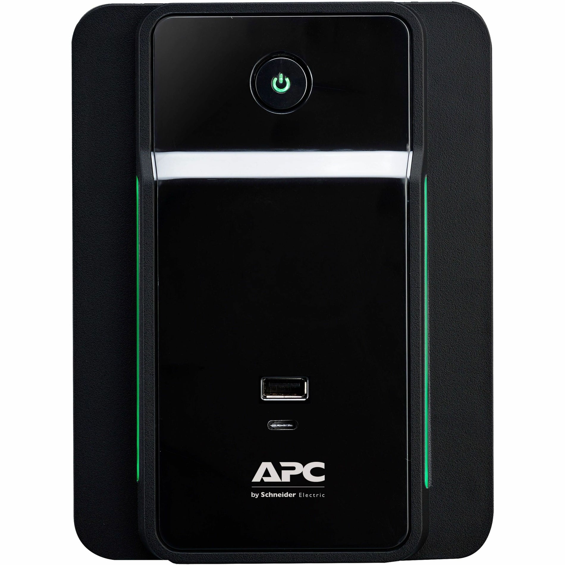 Front view of APC BVK950M2 UPS showing illuminated power button and LED status indicators-alternate-image1