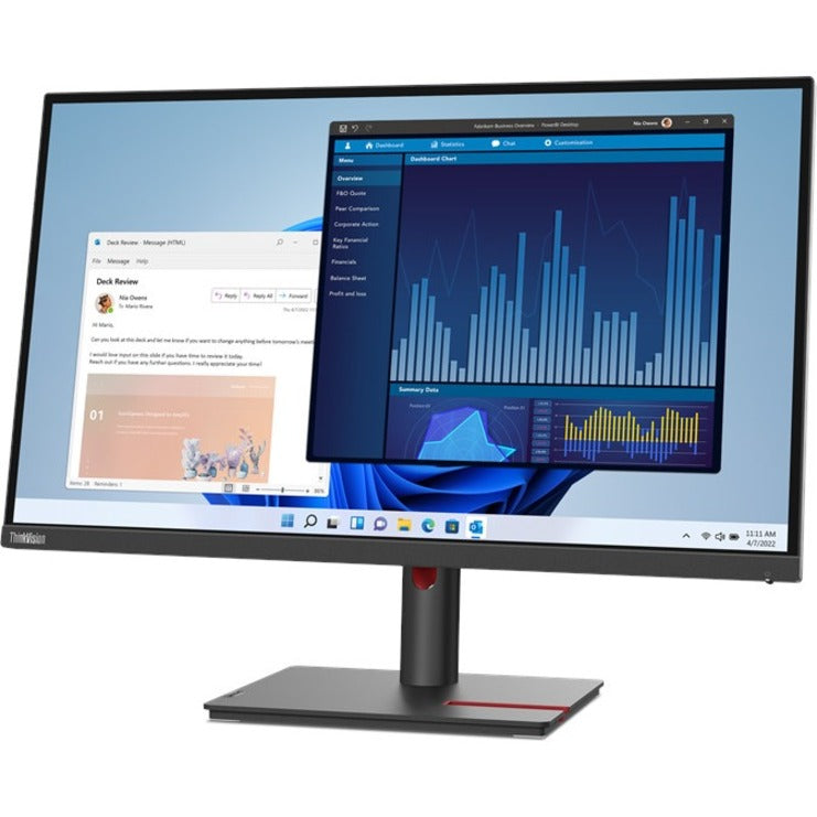 ThinkVision T27p-30 monitor displaying Windows interface with analytics dashboard and messaging application